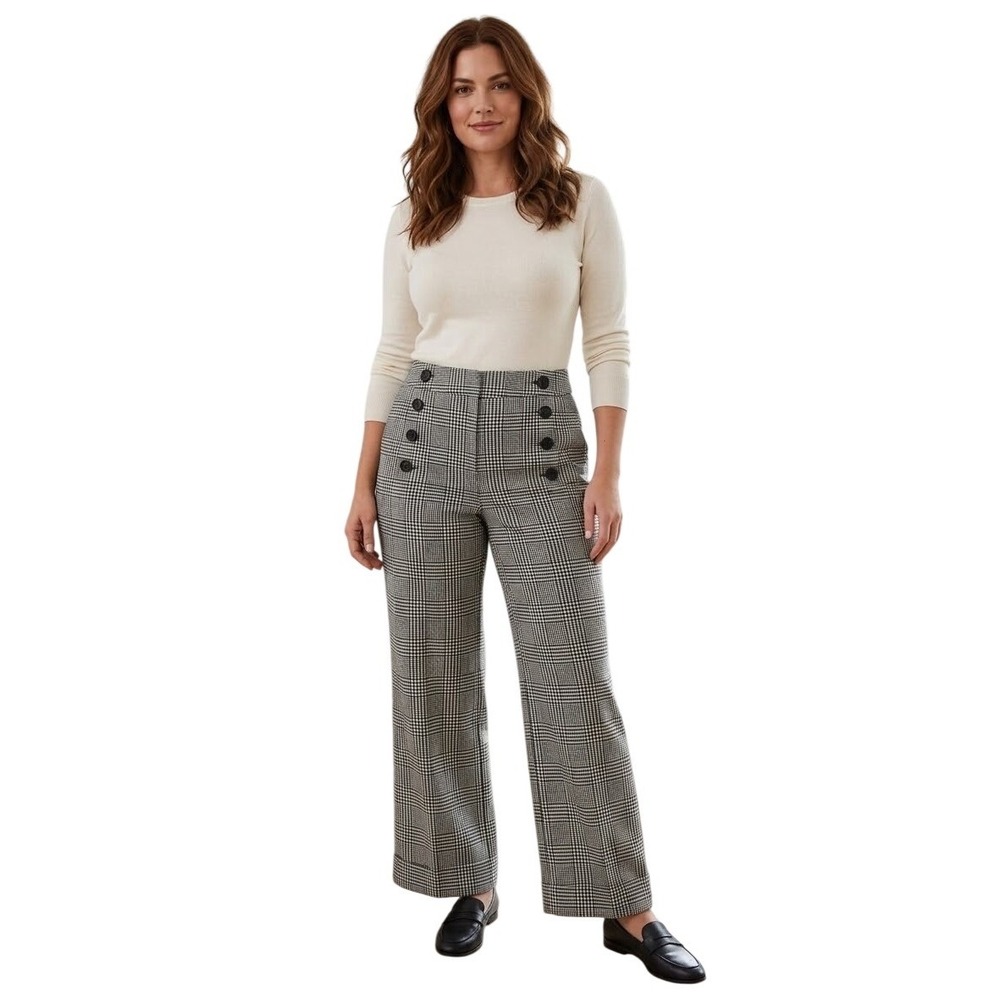 LOFT Womens Size 8 Glen Plaid Sailor Wide Leg Trousers Black White High Rise NEW